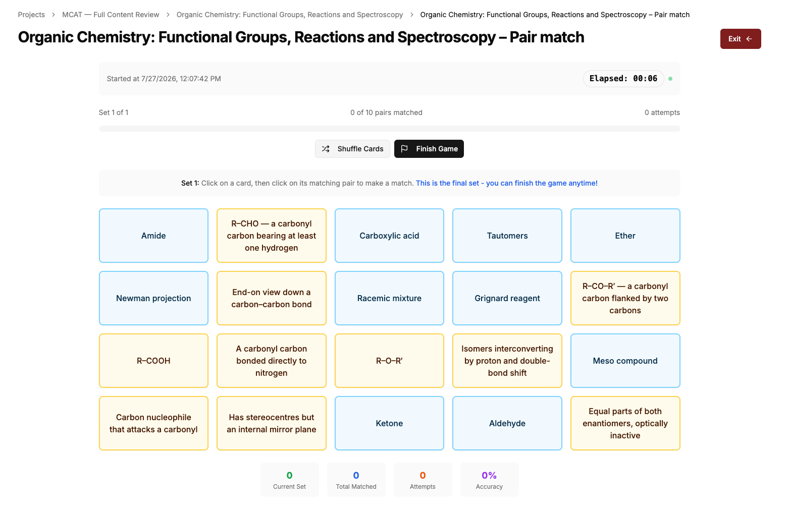 A pair-match round on MCAT organic chemistry functional groups in MugUp